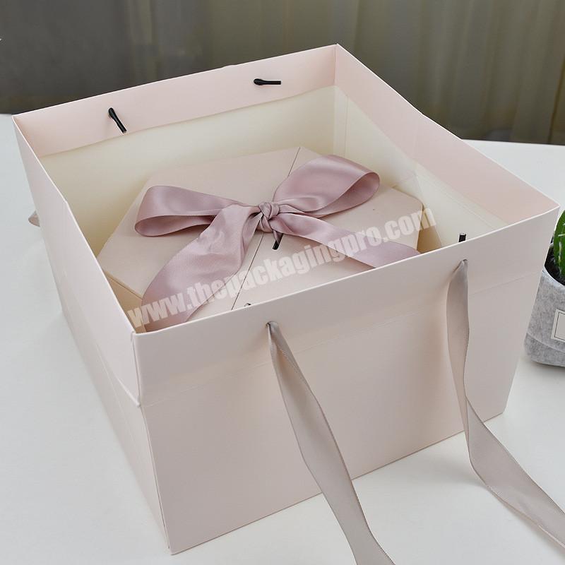 Custom Large Square Flower Cake Paper Carry Bag With Ribbon