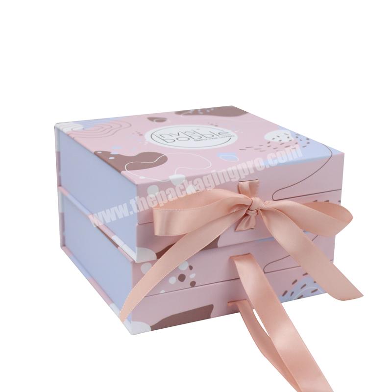 Custom Logo Apparel Packaging Handmade Pink Ribbon Folding Luxury Rigid Packaging Large Magnetic Hamper Gift Box