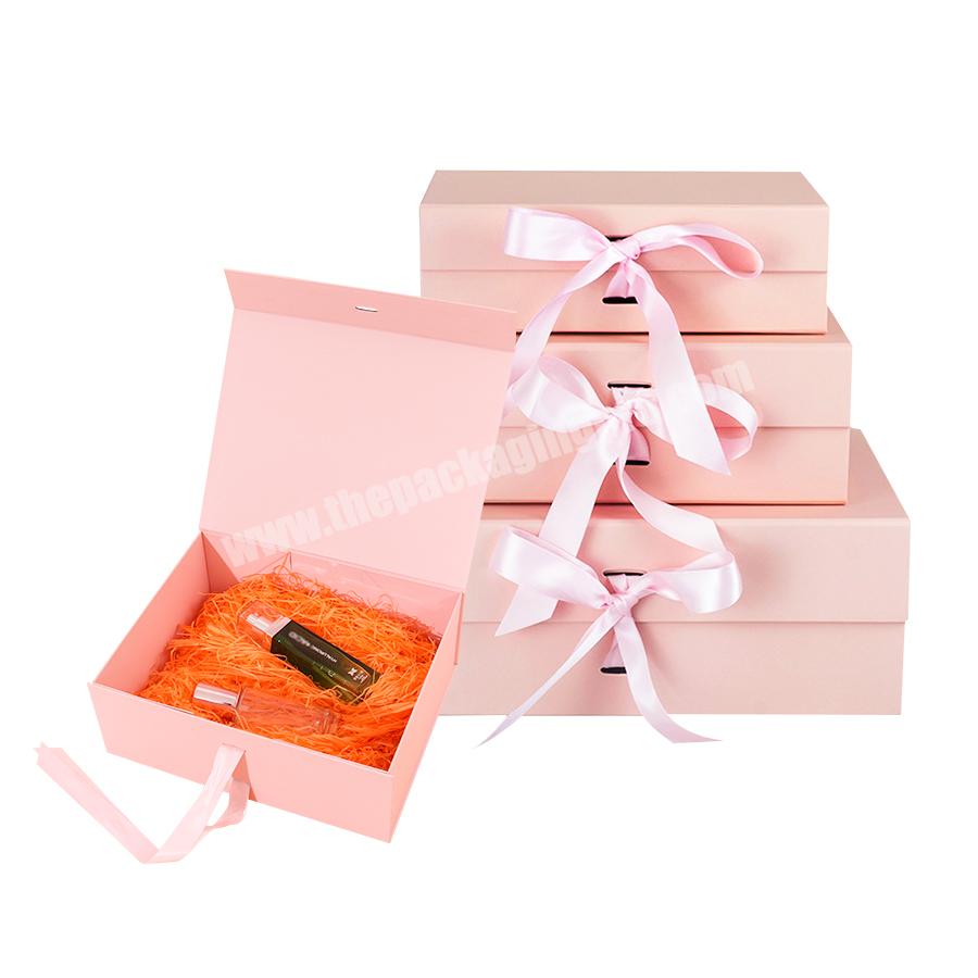 Custom Logo Bow Pink Christmas Women Gift Packaging Box Magnetic Closure Lid Folding Gift Paper Box with Ribbon