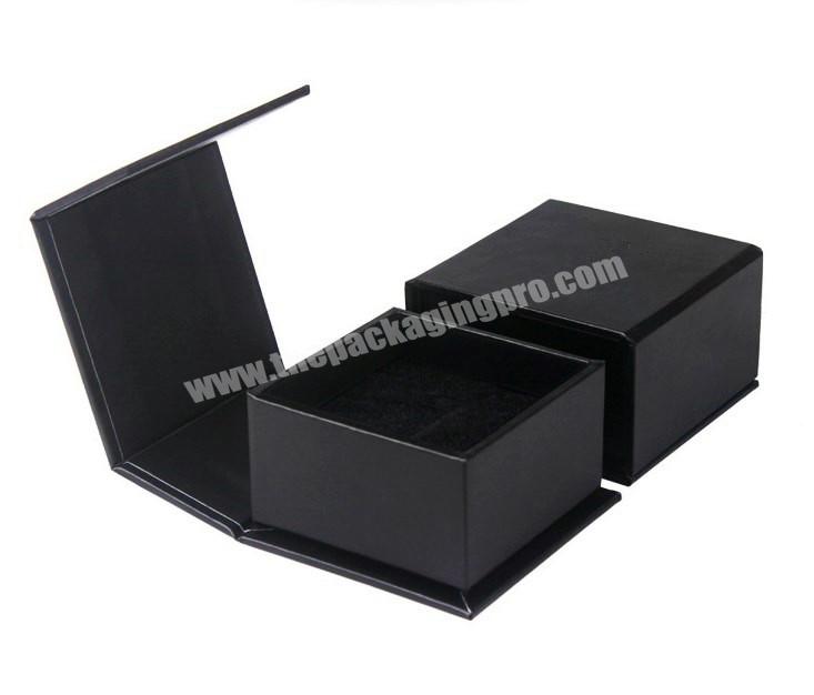 Custom Logo Cardboard Packaging Box Black Leather Foldable Flip Magnet Jewellery Box