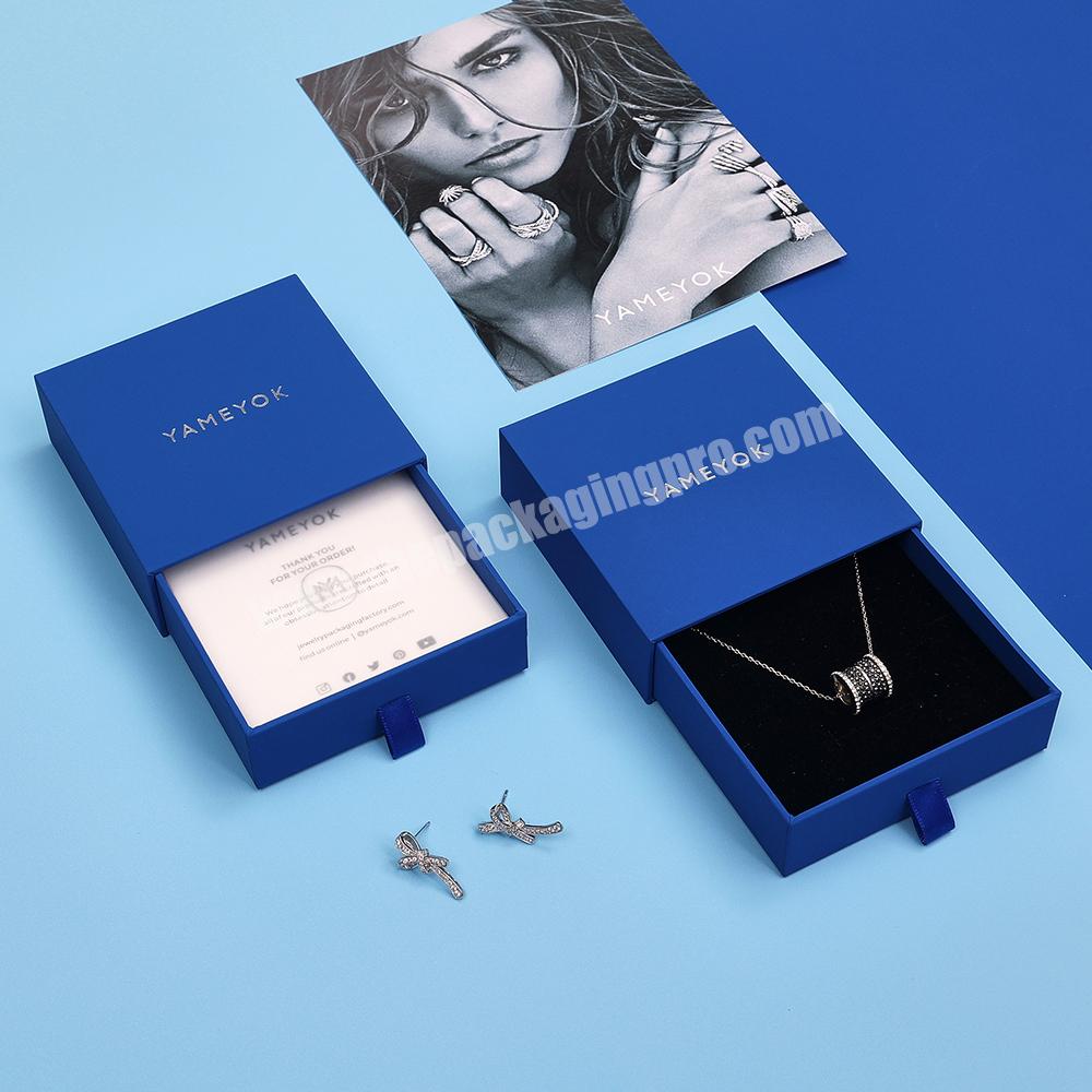 Custom Logo Printed Reusable Blue Pendants Ring Necklace Packaging Paper Jewelry Drawer Box