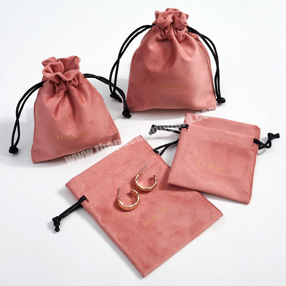 Custom Logo Printed Small Drawstring Pink Suede Jewelry Pouch and Packaging Gift Bag