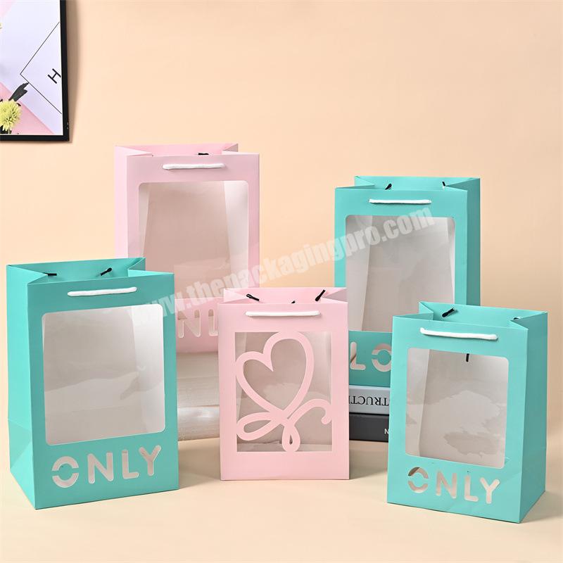 Custom Luxury Flower Doll Plush Toy Gift Pink Blue PVC Window Paper Bag With Laser Cut