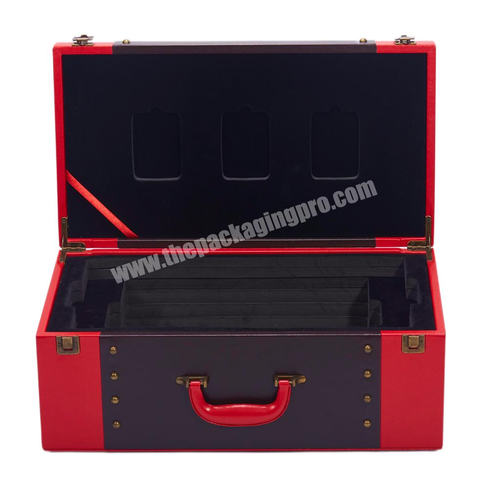 Custom Luxury PU Leather Denim Beautiful 2 Glass Bottles Wine Storage Gift Packaging Rigid Suitcase Box With Handle