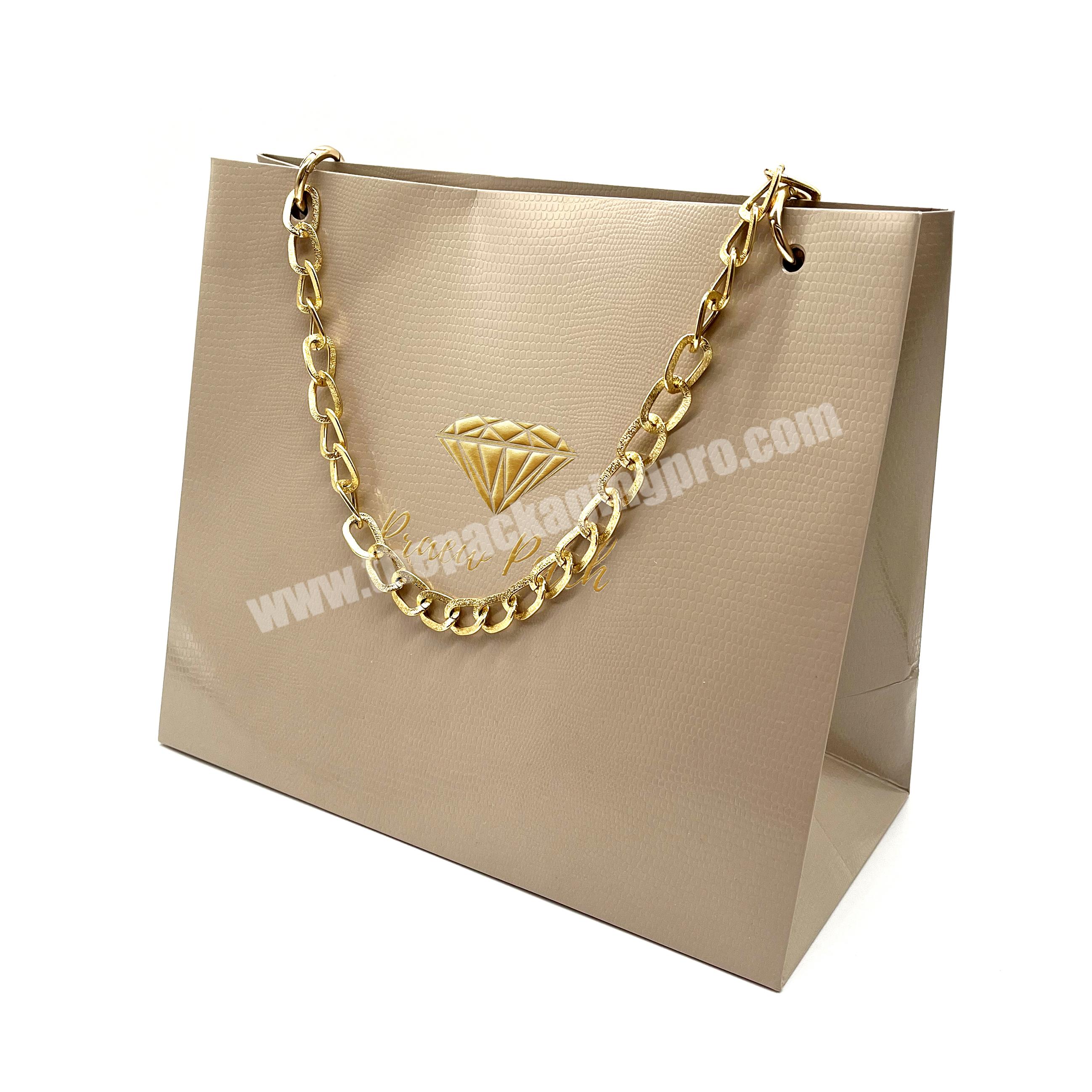 Custom Luxury tote Gift Paper Bags With Metal Chain Handles, Textured paper bag with logo