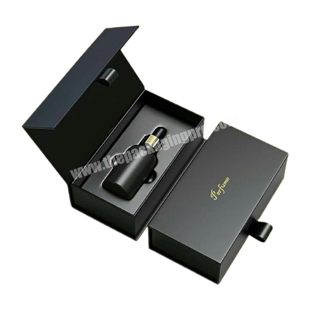Custom Plain Men Perfume Oil Packaging Black Gold Stamping Print Logo Gift Box Luxury Magnetic Golden Black Box