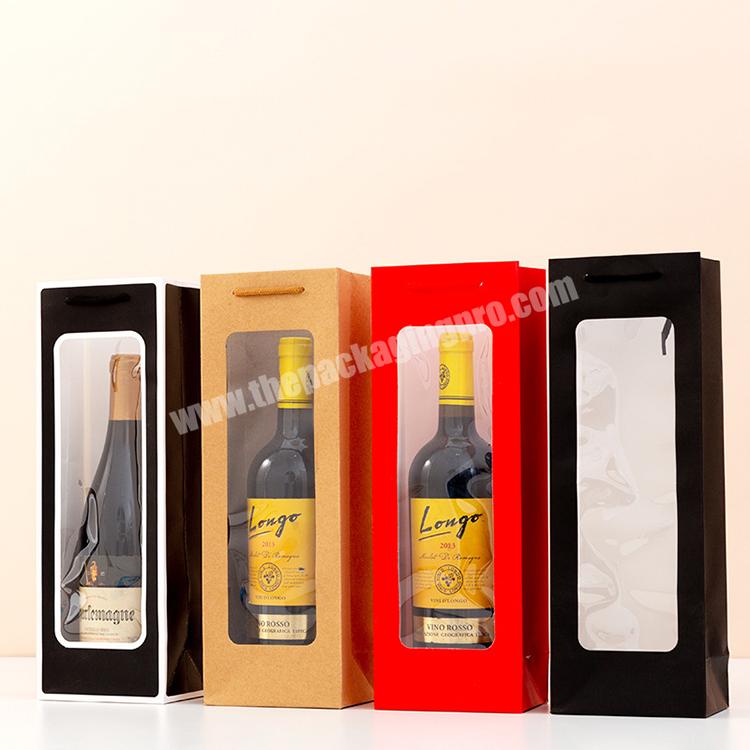 Custom Print Logo Single Bottle Clear Window Red Wine Paper Bags With Rope Handle