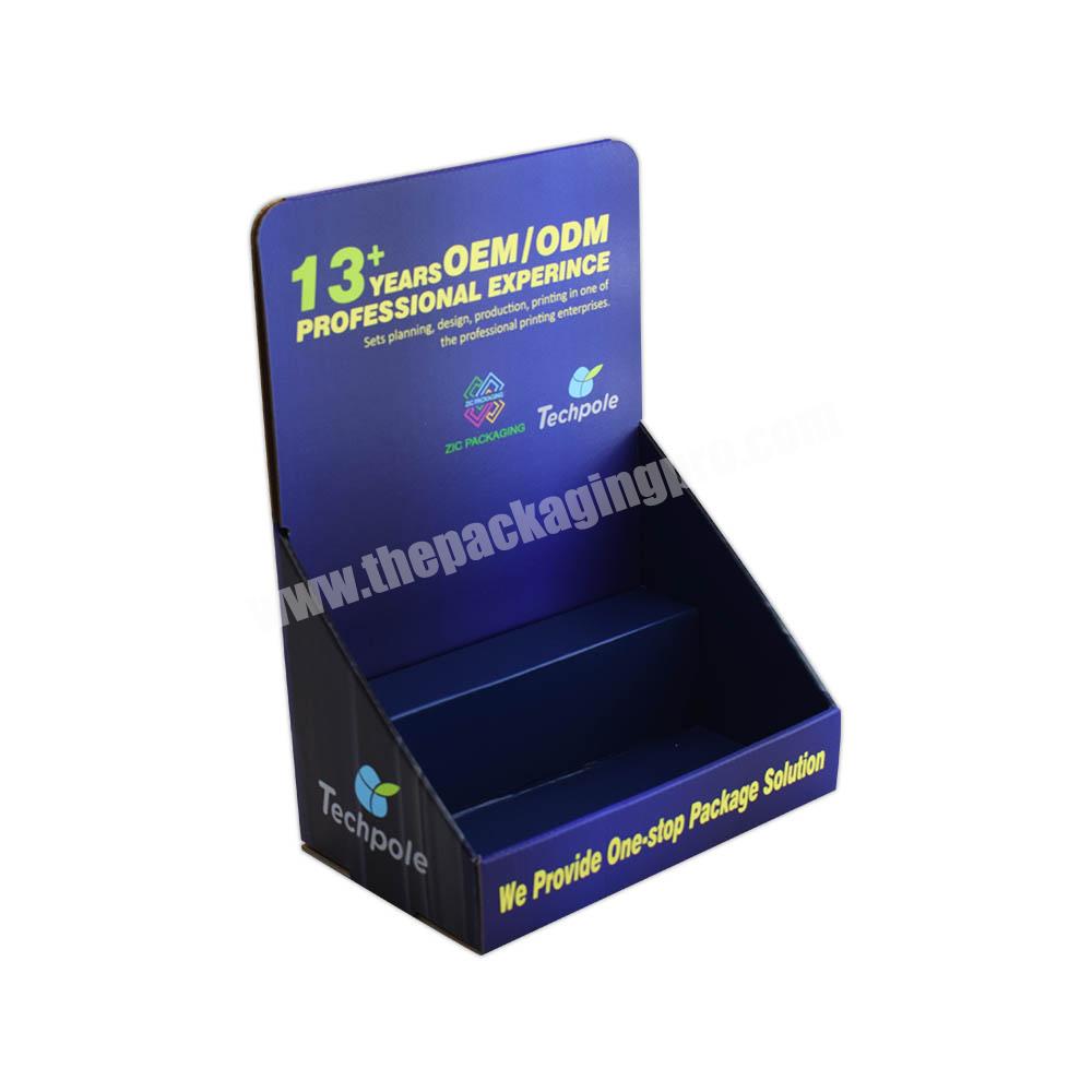 Custom Printed Foldable Corrugated Cardboard Counter Top Display Rack POS Table Top Merchandise Display Stand with Hook and Tier