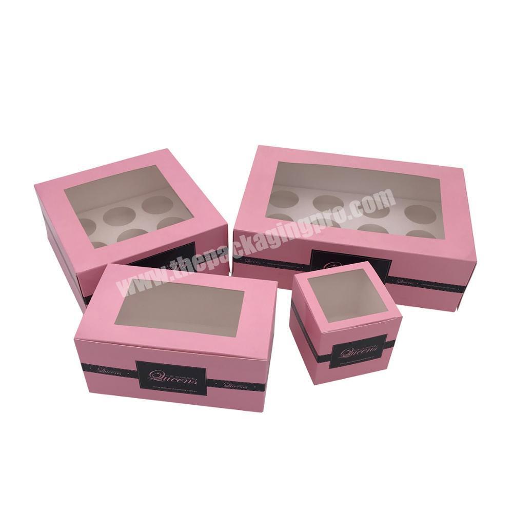Custom Recyclable Art Paper Dessert Snack Donut Food Bakery Pink Pastry Boxes With PVC Window