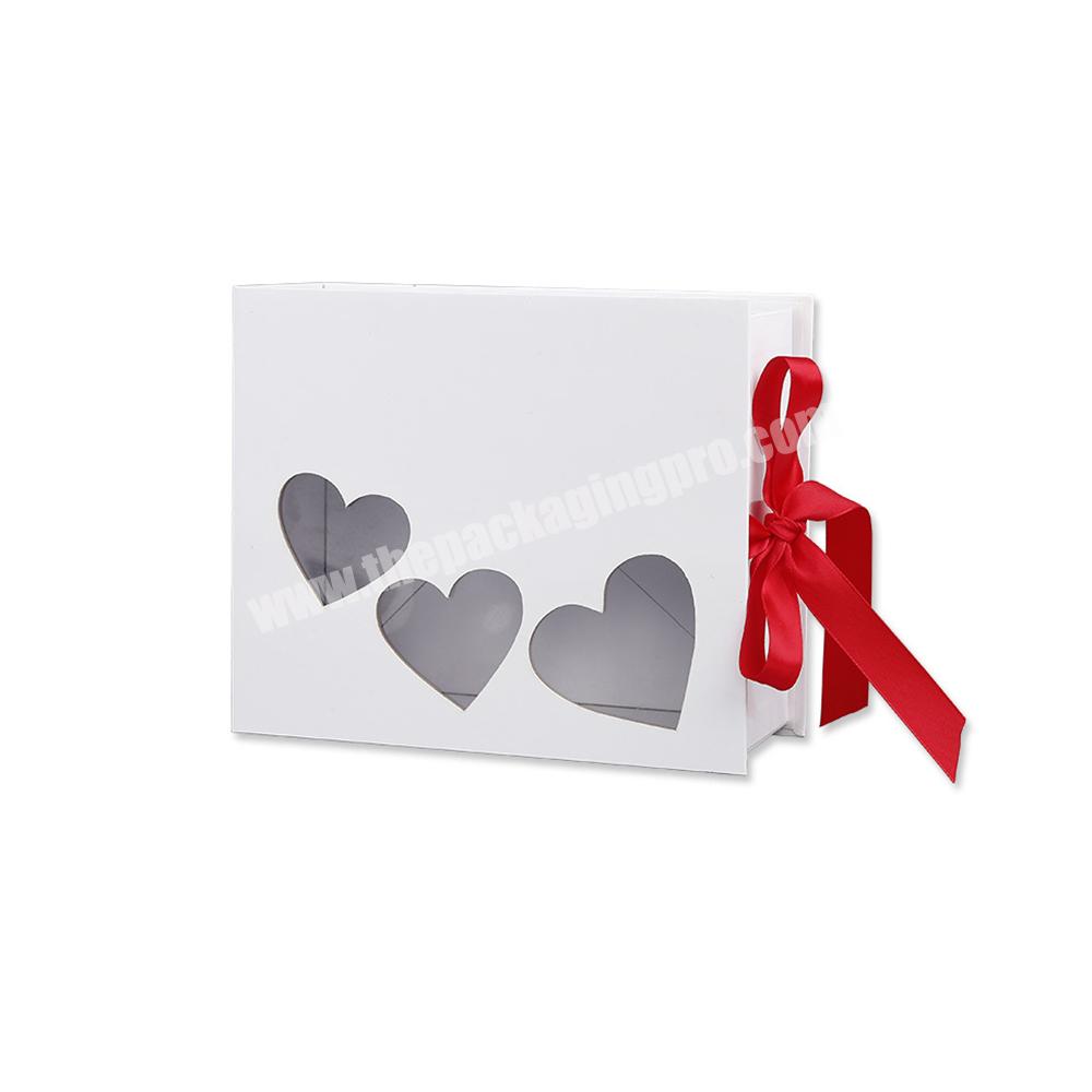 Custom White Paperboard Ribbon Closure Magnetic Folding Gift Box with Clear Window