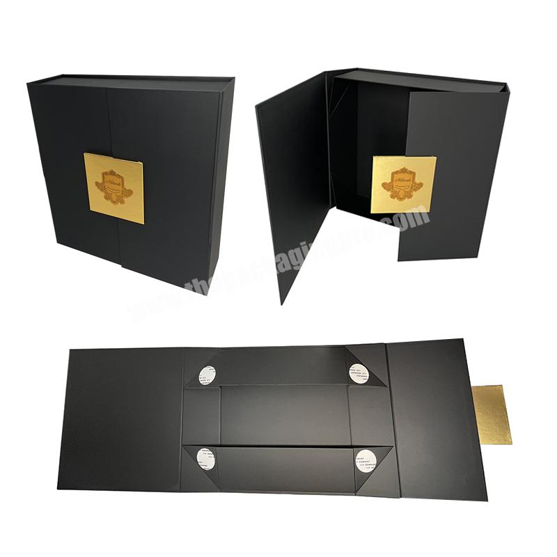 Custom gold foil logo black Double Door Design Flat Shipping Folding Paper Packaging Gift Boxes