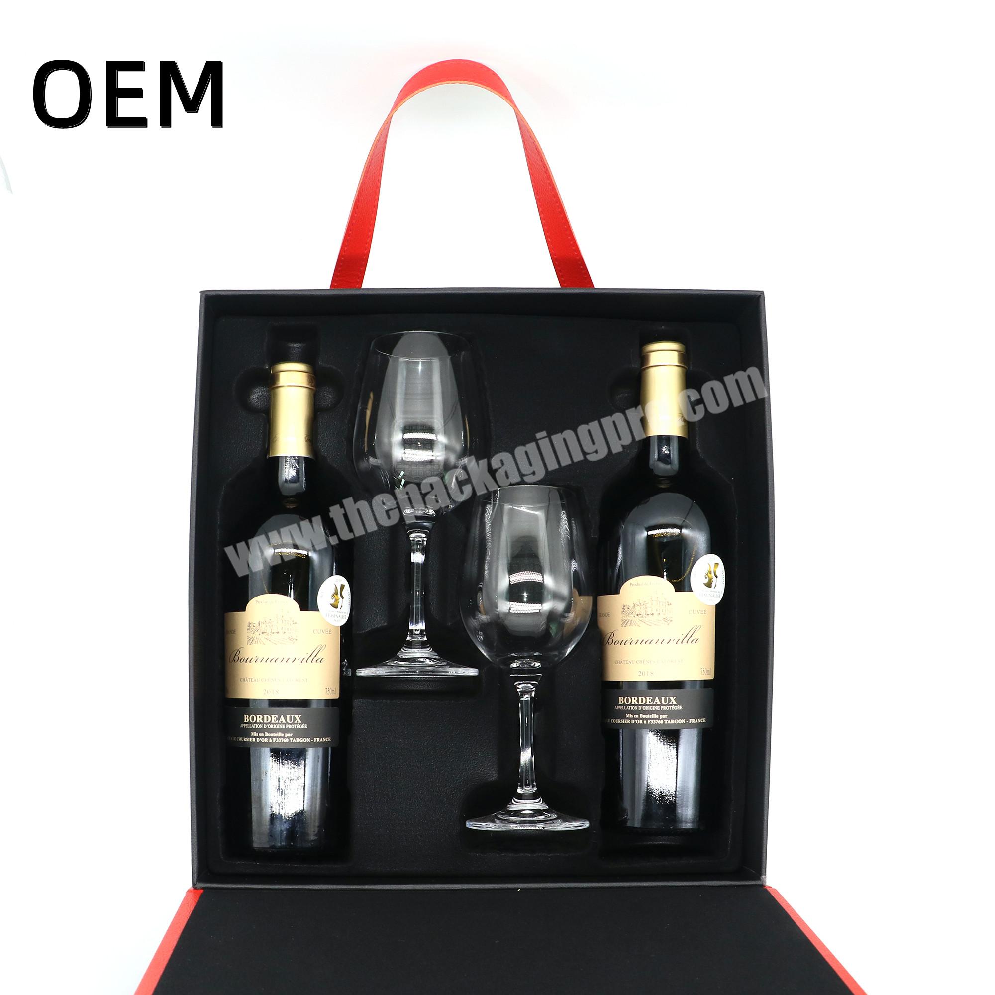 Custom logo wine carrier box wine bottle with 2 glasses box luxury pu wine gift box