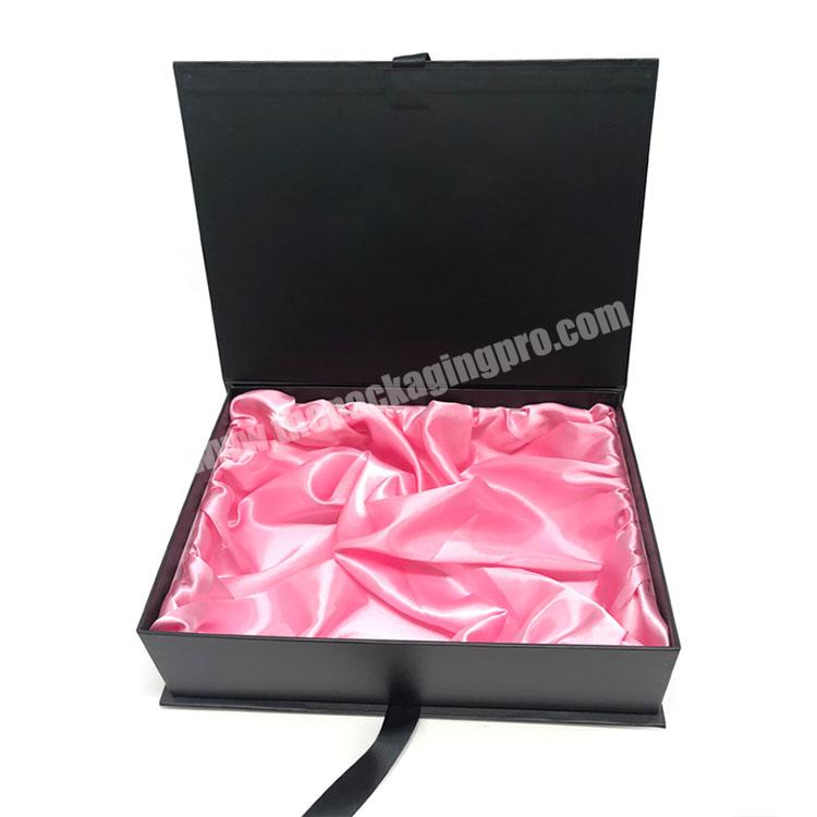 Custom luxury white magnet flap clothing paper box foldable magnetic gift boxes with black ribbon closure