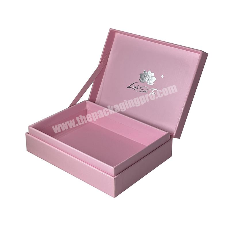 Custom pink silver stamping logo Hinged Clamshell Open  Flip Top Lid Decorative Hardboard paper gift packaging Box