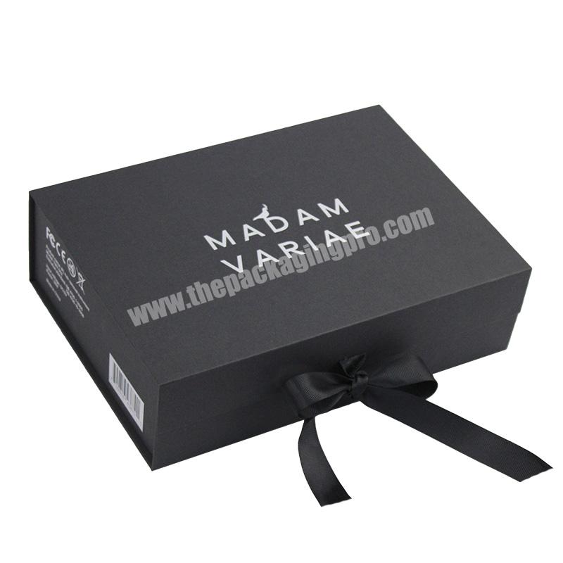 Custom size cardboard rigid magnet box Clothing Folding Paper Box Magnetic Black Gift Box With Ribbon