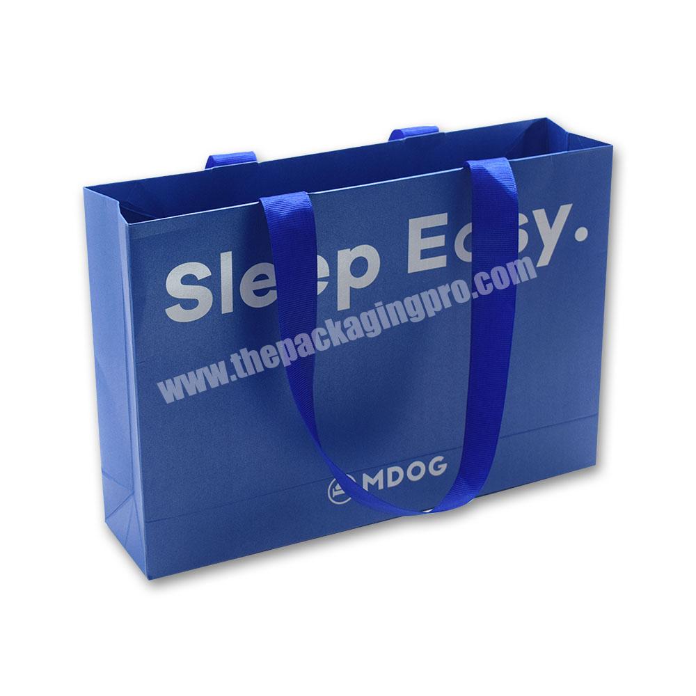 Customize Blue Luxury Shopping Gift Paper Bag With Handle Special Leatherette Matt Paper Card Boutique Clothing Packaging Bag