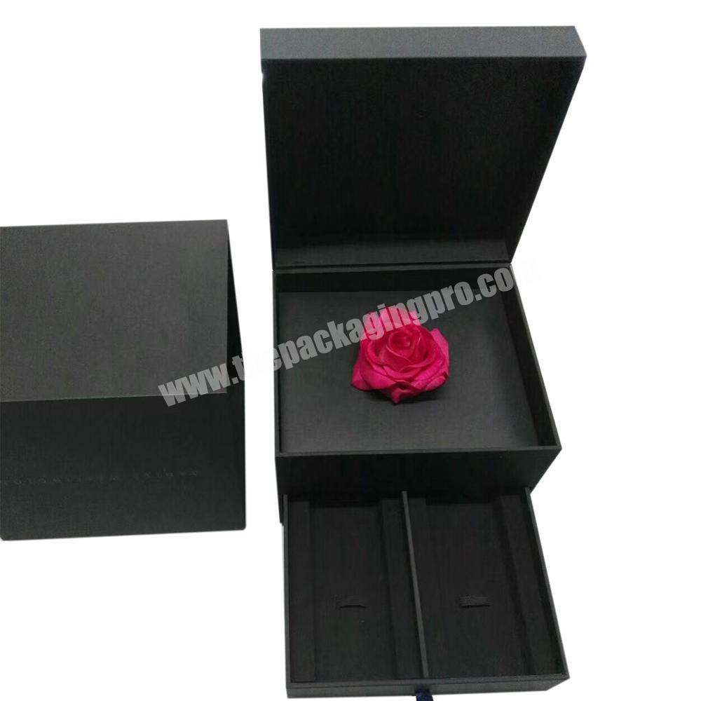Customized Black Book Style With Two Drawer Jewelry Paper Packaging Rigid Gift Box With Flower