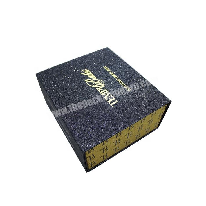 Customized Handmade Color Print Logo Eco Friendly Luxury Black Glitter Paper Wig Packing Magnetic Folding Box With Ribbon