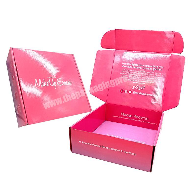 Customized shiny glossy pink lid flap printed tough strong cardboard tuck top style postage mailer boxes