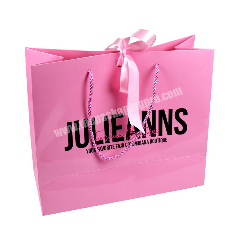 Delicate Pink Color New Arrival Customized CMYK Printing Art Paper Bag With Ribbon For Gift Packaging
