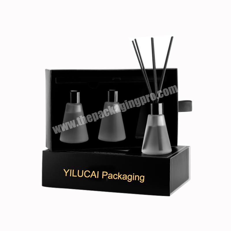 Factory Custom LOGO Printed Empty Black Luxury Cosmetic Scented Perfume Set Gift Box Packaging with Holder