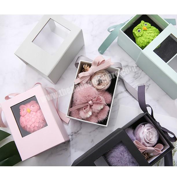 Fancy mini rigid cardboard slide drawer paper gift box ribbon with bag and pvc window  for soap for candle for flower wholesale