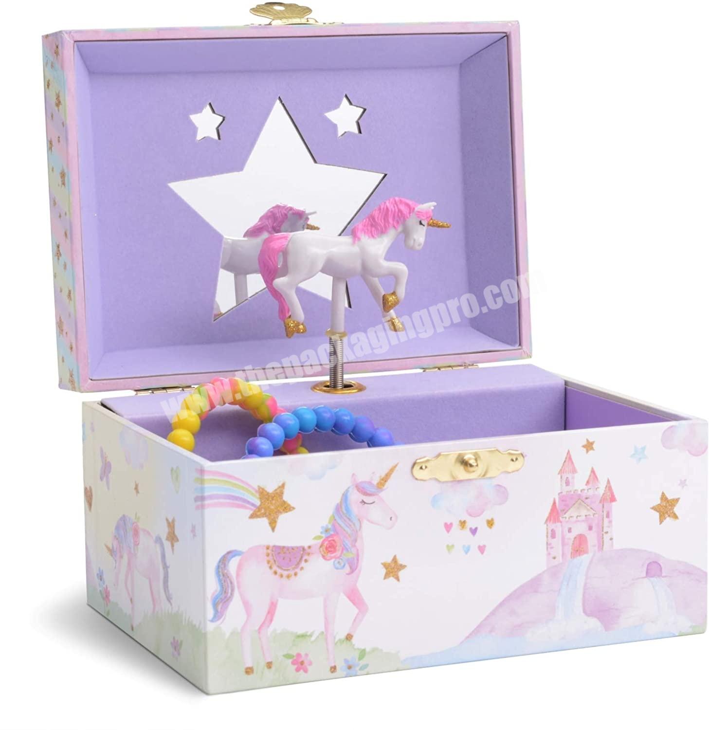 Girl's Musical Jewelry Storage Box with Spinning Unicorn, Glitter Rainbow and Stars Design, The Unicorn Tune