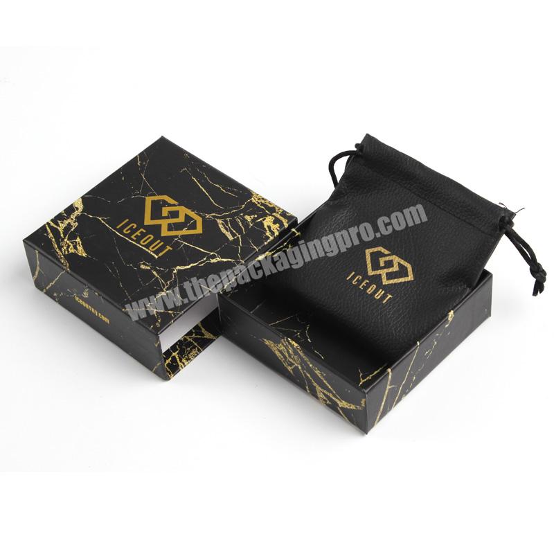 Gold Foil Stamping Logo Black Marble Design Printed Custom Gemstone Bracelet Drawer Boxes For Jewelry With Leather Pouch