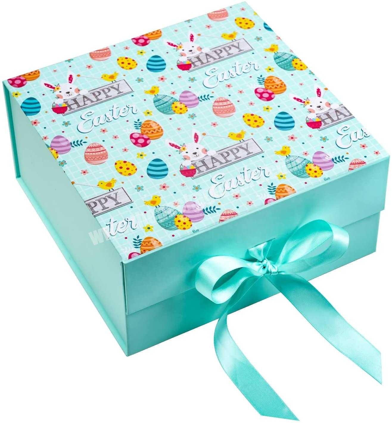 Happy Easter Gift Box with Satin Ribbon, Collapsible Gift Box with Magnetic Closure
