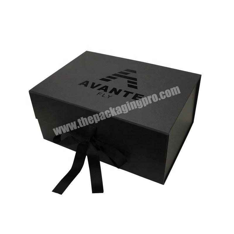 High Quality Black Paper Packaging Folding Magnet Gift Box Foldable Cardboard Boxes With Ribbon Closure