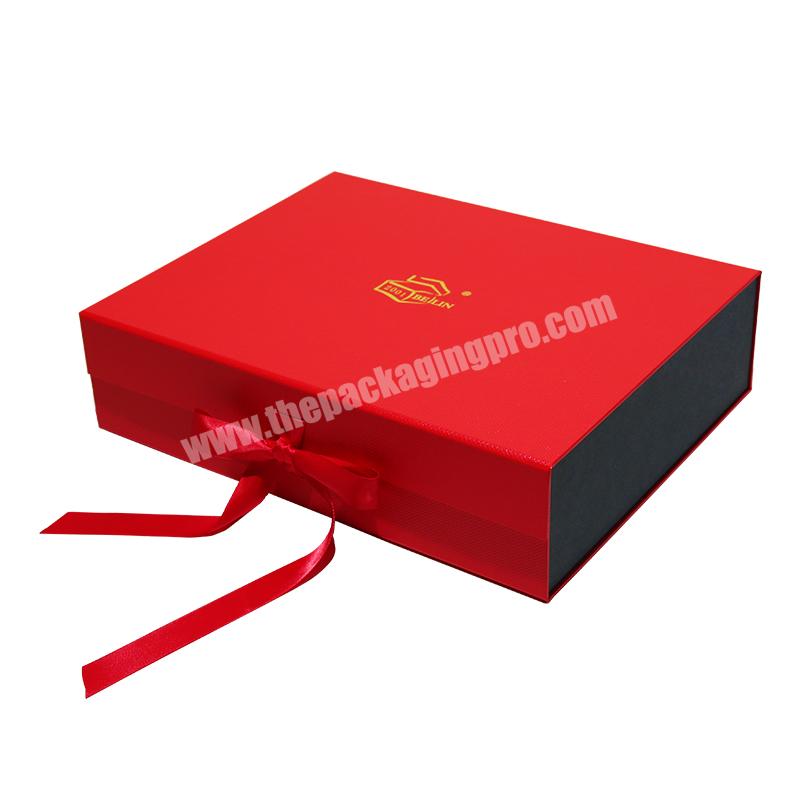 High Quality Cardboard Paper Cosmetic Garment Packaging Shipping Mailer Box Custom Logo Collapsible Folding Gift Box with Ribbon