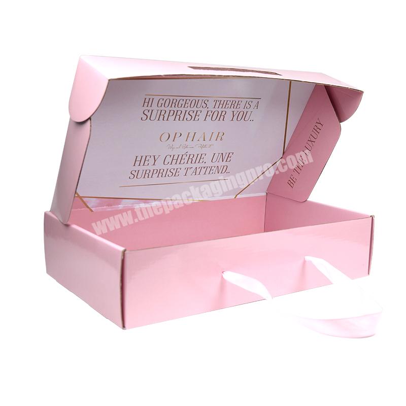High-end Luxury Customized Logo Pink Color Corrugated Gift Packaging Paper Box  With Ribbon Handle