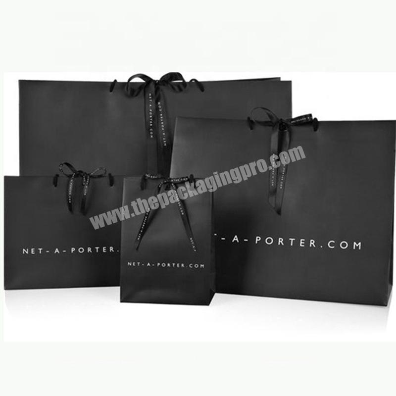 Luxury design customized Uv black matte clothing dress shoes packaging  paper shopping bag with ribbon handles