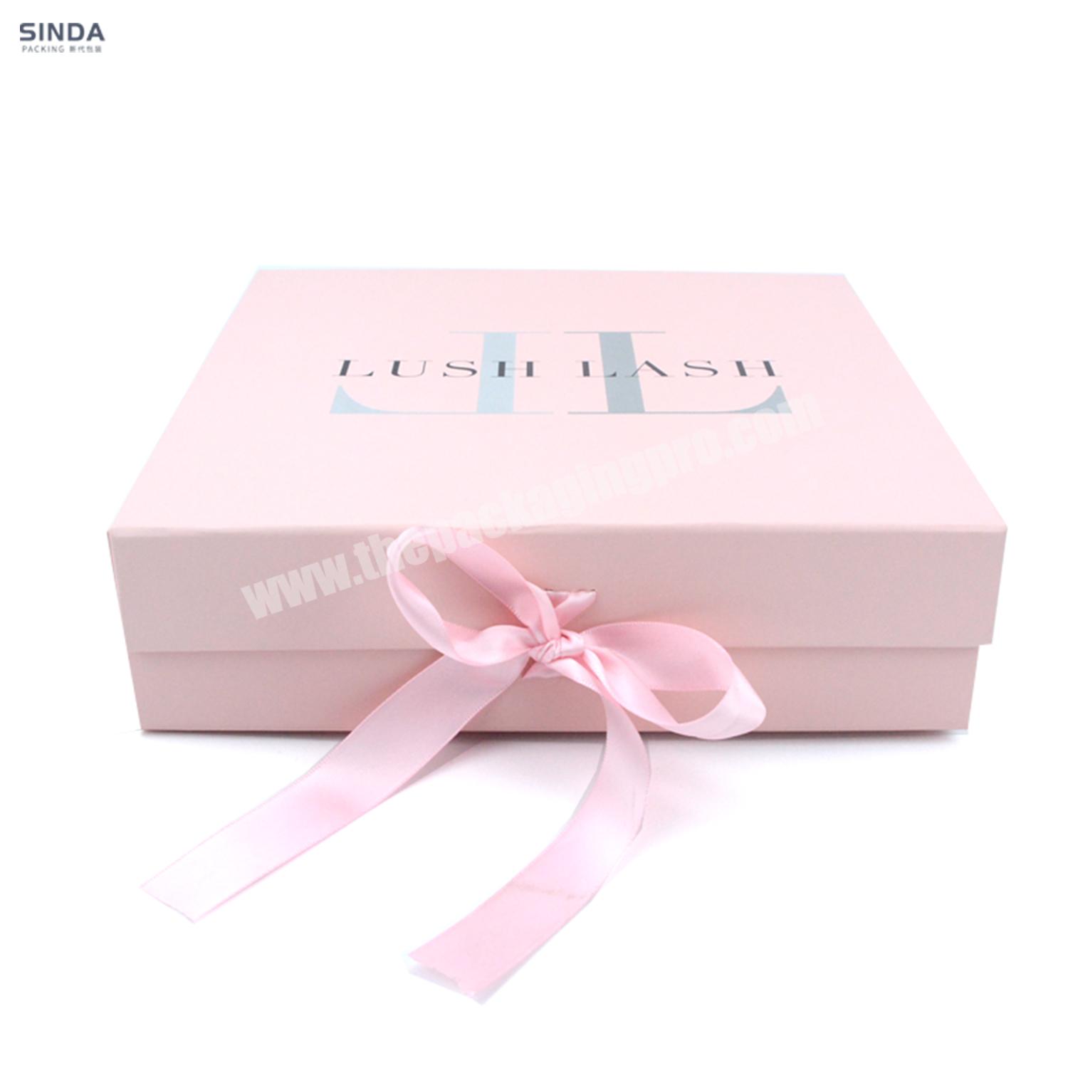 Hot sales custom logo pink paper packaging magnetic ribbon lid gift foldable box with magnets cosmetic
