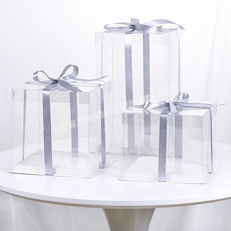 KinSun Customized logo Custom size transparent cake packaging box Simple design cake box with silver ribbon
