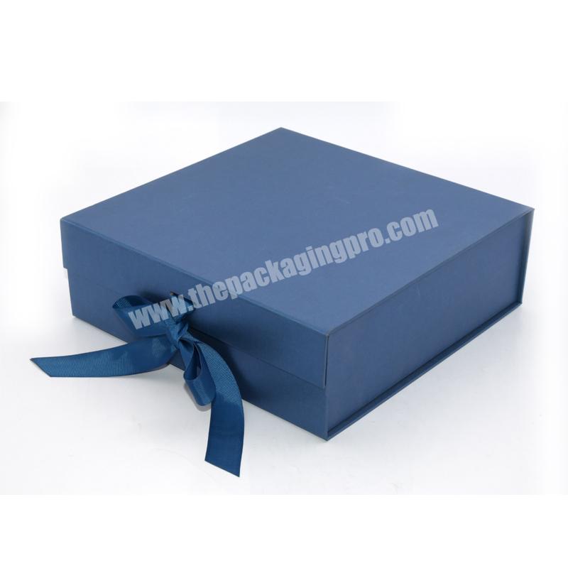 Latest Design Blue Flat Rigid Cardboard Customs Box Folding Gift Boxes with Ribbon Closure