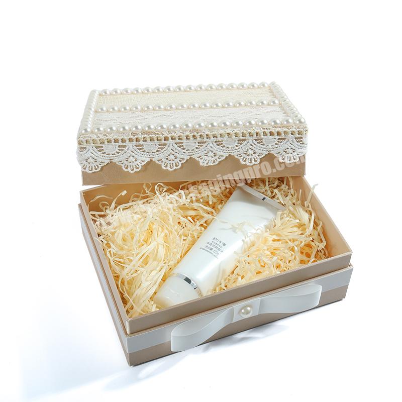 Lid and Base Cardboard Paper Packaging Skincare Beauty Gift Boxes Wholesale Custom Luxury with Lace Cosmetic Rigid Boxes Accept
