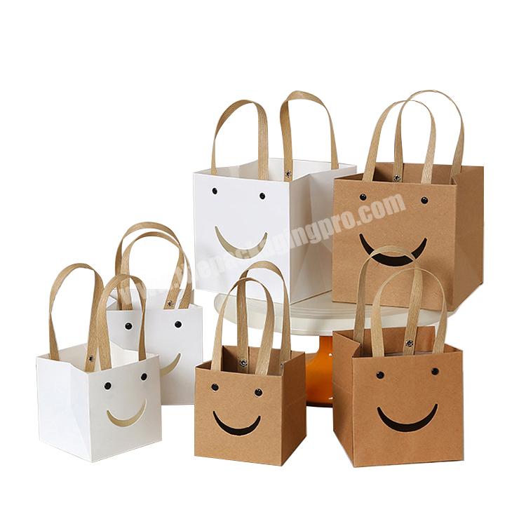 Lipack Wholesale Custom Smiling Face Square Bottom Brown White Kraft Craft Paper Shopping Gift Packaging Bags With Flat Handle