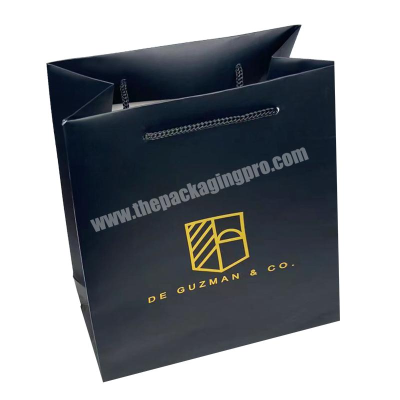 Luxury Black Color Gold Stamping Customized Logo Design CMYK Printing Gift Packaging Art Paper Bag