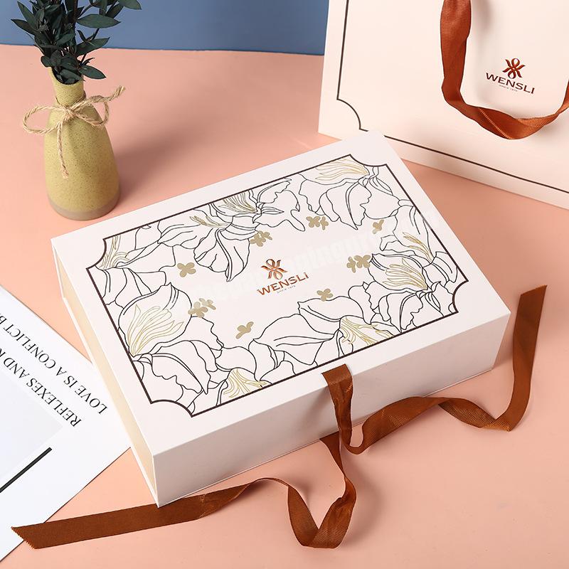 Luxury Clothing Foldable Cardboard Gift Box with Ribbon Closure Magnetic Box White Packaging For Skincare Product