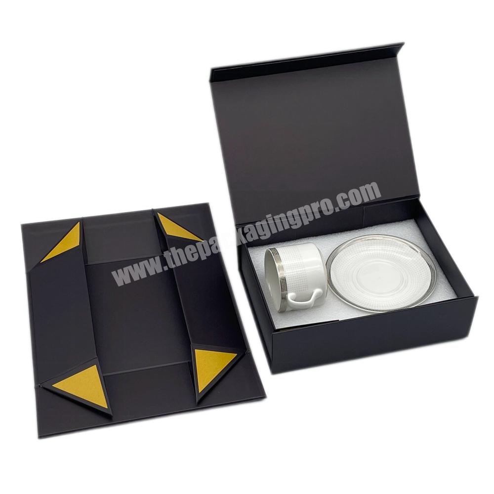 Luxury Custom Logo Paper Folding Packaging Box Mug Set Ceramic Coffee Cup Set Gift Box With Eva Insert Satin Silk