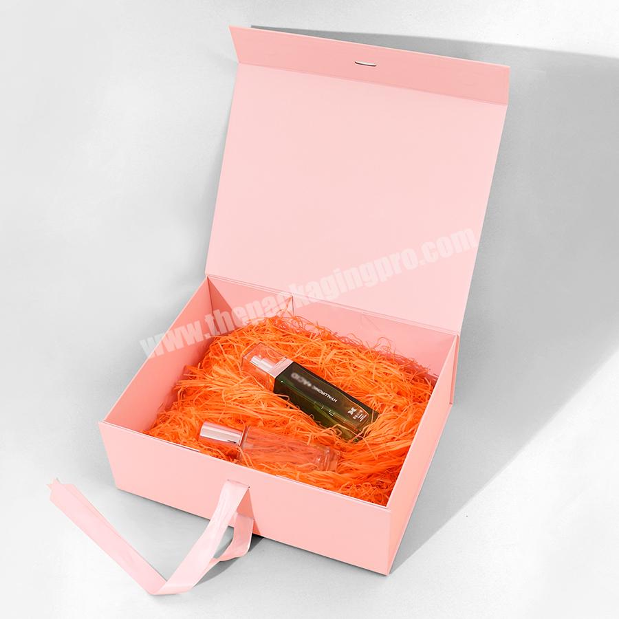 Luxury Custom Logo Ribbon Pink Gift Box Packaging Cosmetic Foldable Magnetic Paper Box Set