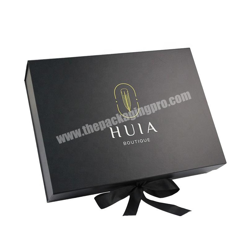 Luxury Large Collapsible Magnetic Closure Boxes Rigid Black Custom Packaging Gift Magnet Box With Ribbon