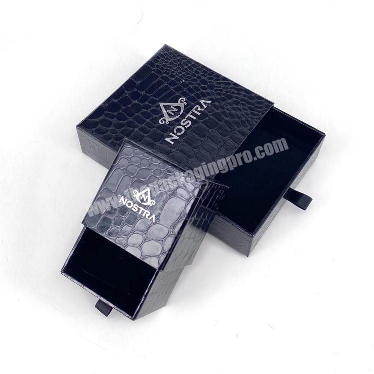 Luxury black glossy drawer sliding paper ring boxes custom logo men jewelry box packaging