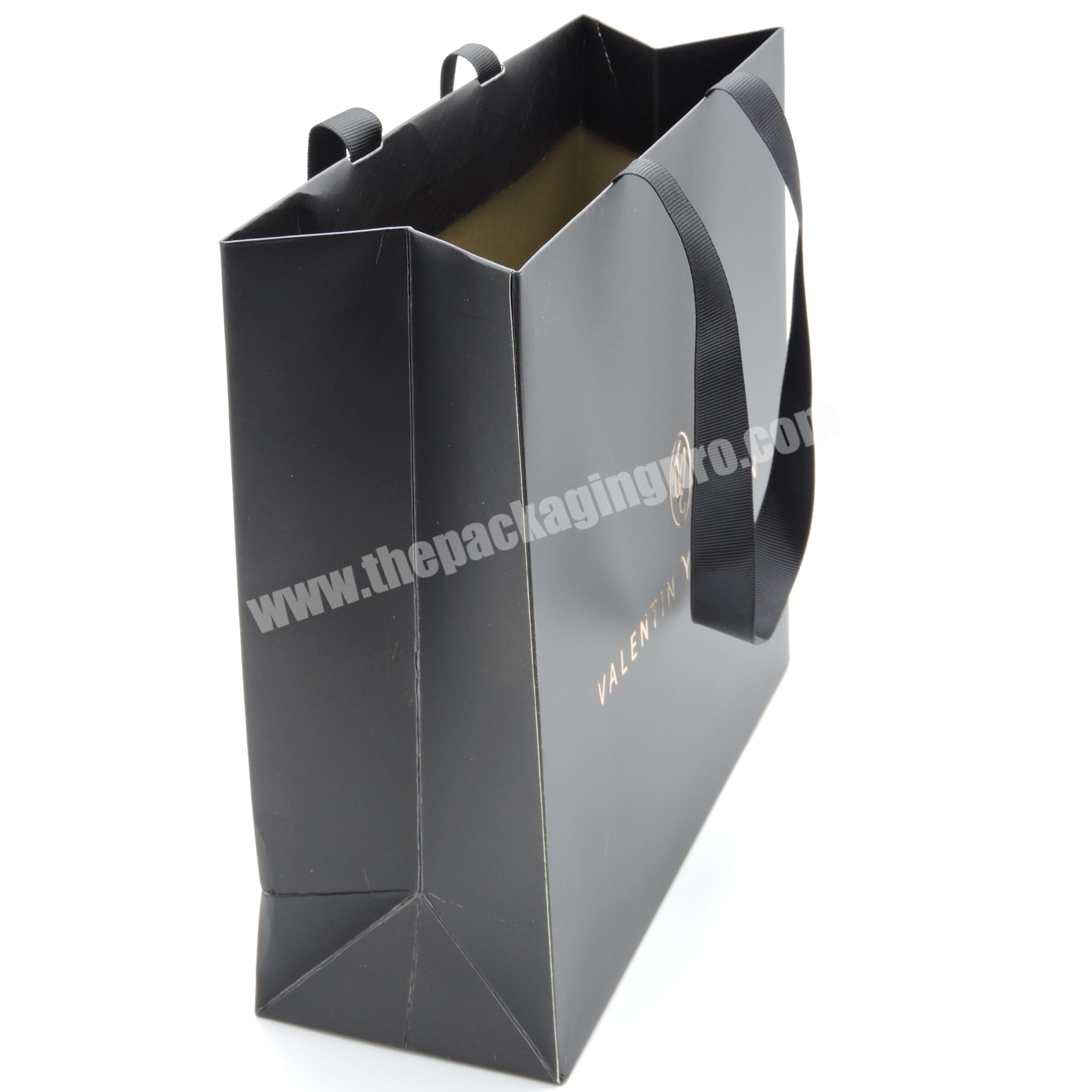 Luxury brand gift bag with ribbon handle black paper clothes shopping bags with your own logo custom paper bags
