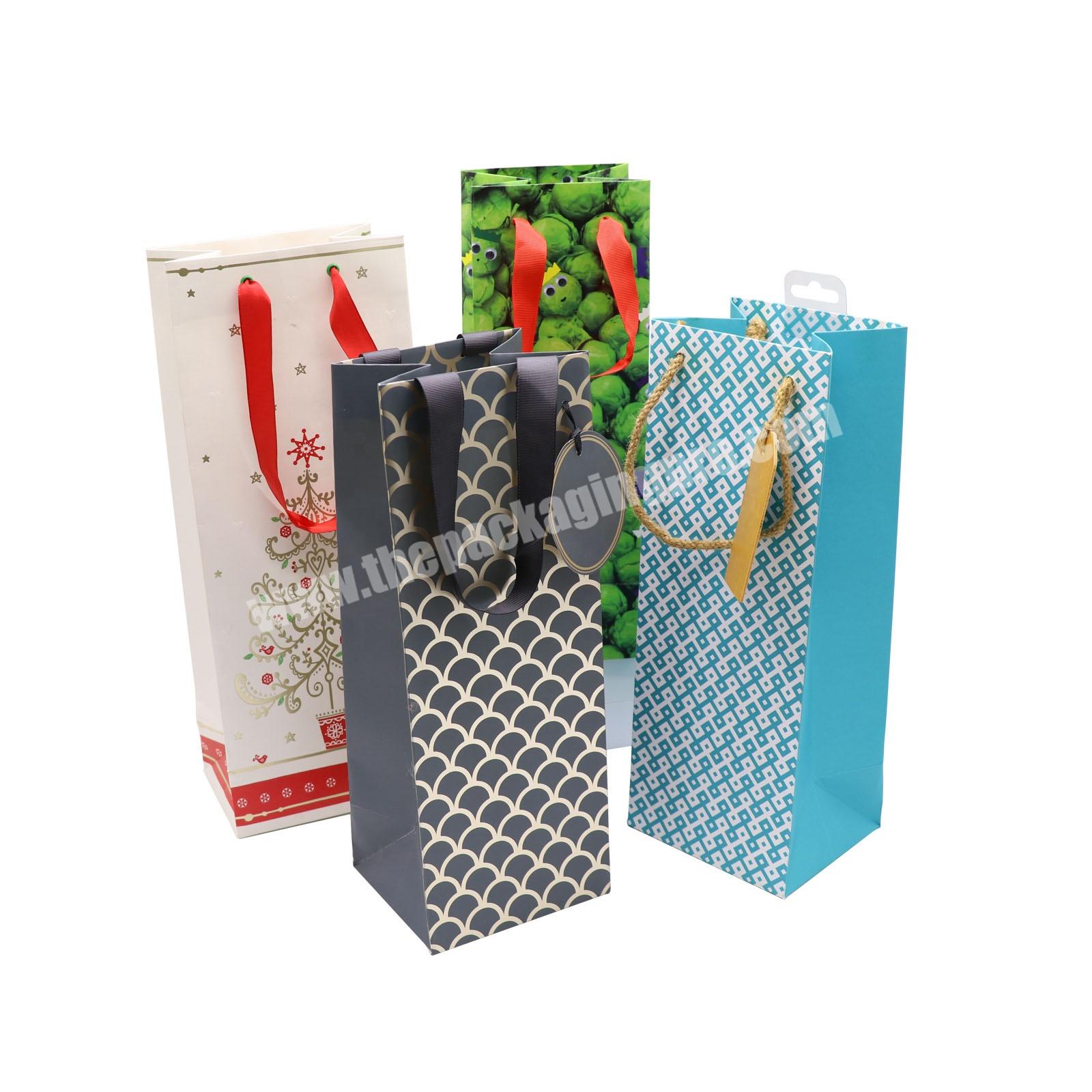 Luxury christmas bottle wine bags boutique paper gift bags with handles custom kraft paper bags