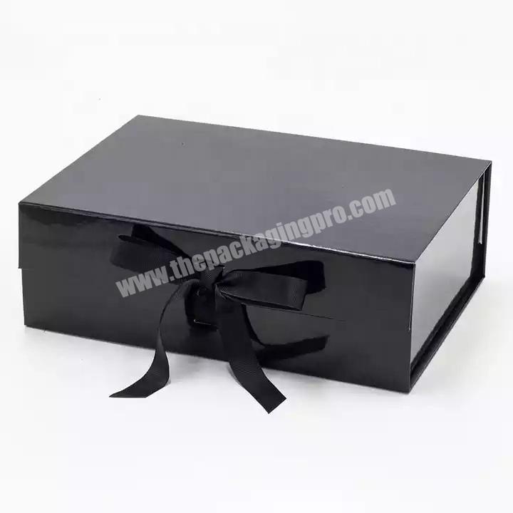 Luxury deep glossy lamination black foldable gift box packaging with magnetic lid