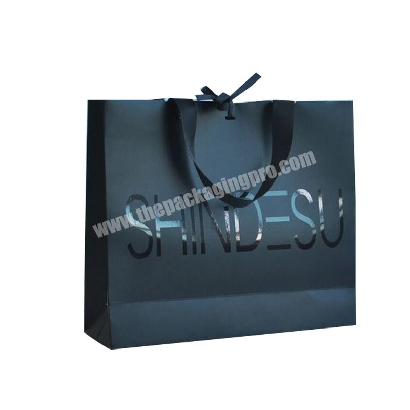 Luxury design customized Uv black matte clothing dress shoes packaging paper shopping bag with ribbon handles