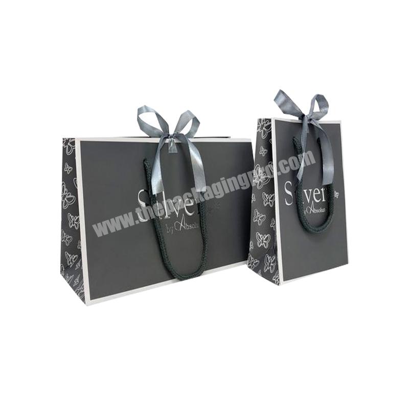 Luxury design customized Uv black matte clothing dress shoes packaging  paper shopping bag with ribbon handles
