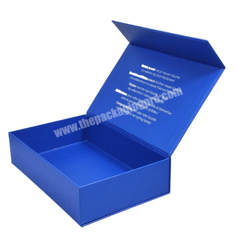 Luxury matte cardboard clamshell printed magnetic blue packaging gift box